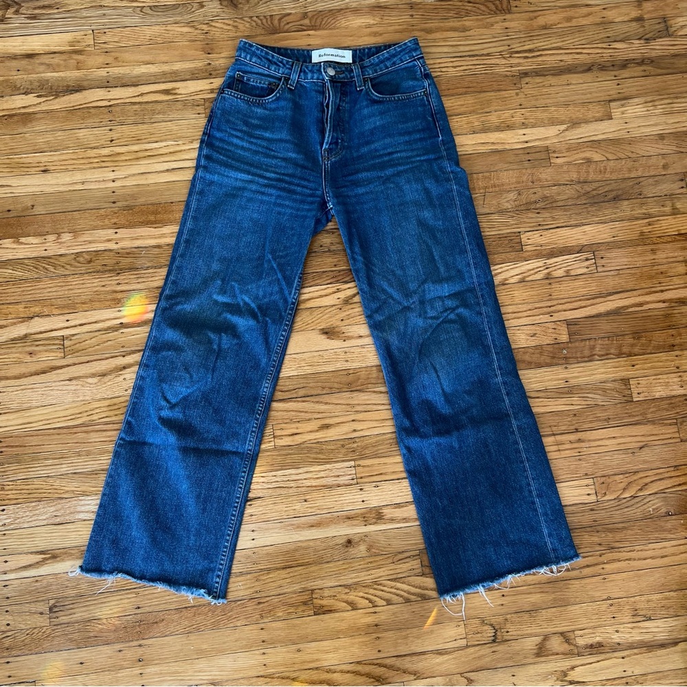 reformation dark blue fawcett jeans high waisted wide leg